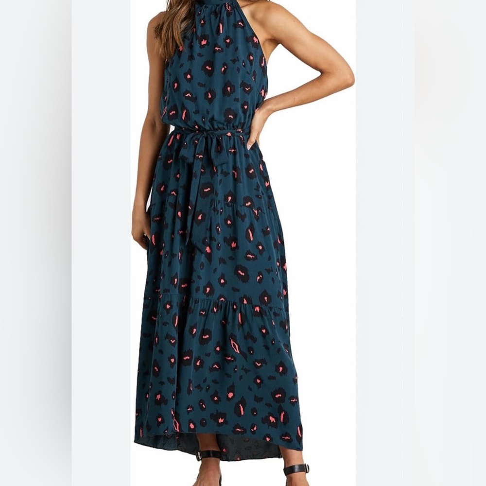 NWT Pretty Garden Dress Halter Maxi Long Belt Dark Green Leopard Print Women 2XL